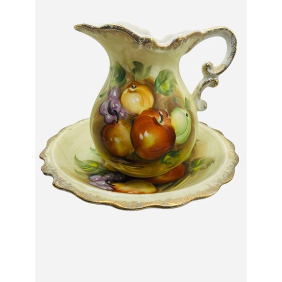 Norleans Vintage Hand Painted Gold Trimmed Bowl and Pitcher Set - Picture 1 of 5